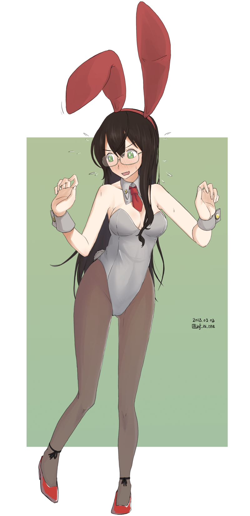 1girl, alternate_costume, animal_ears, black_hair, blush, commentary_request, dated, detached_collar