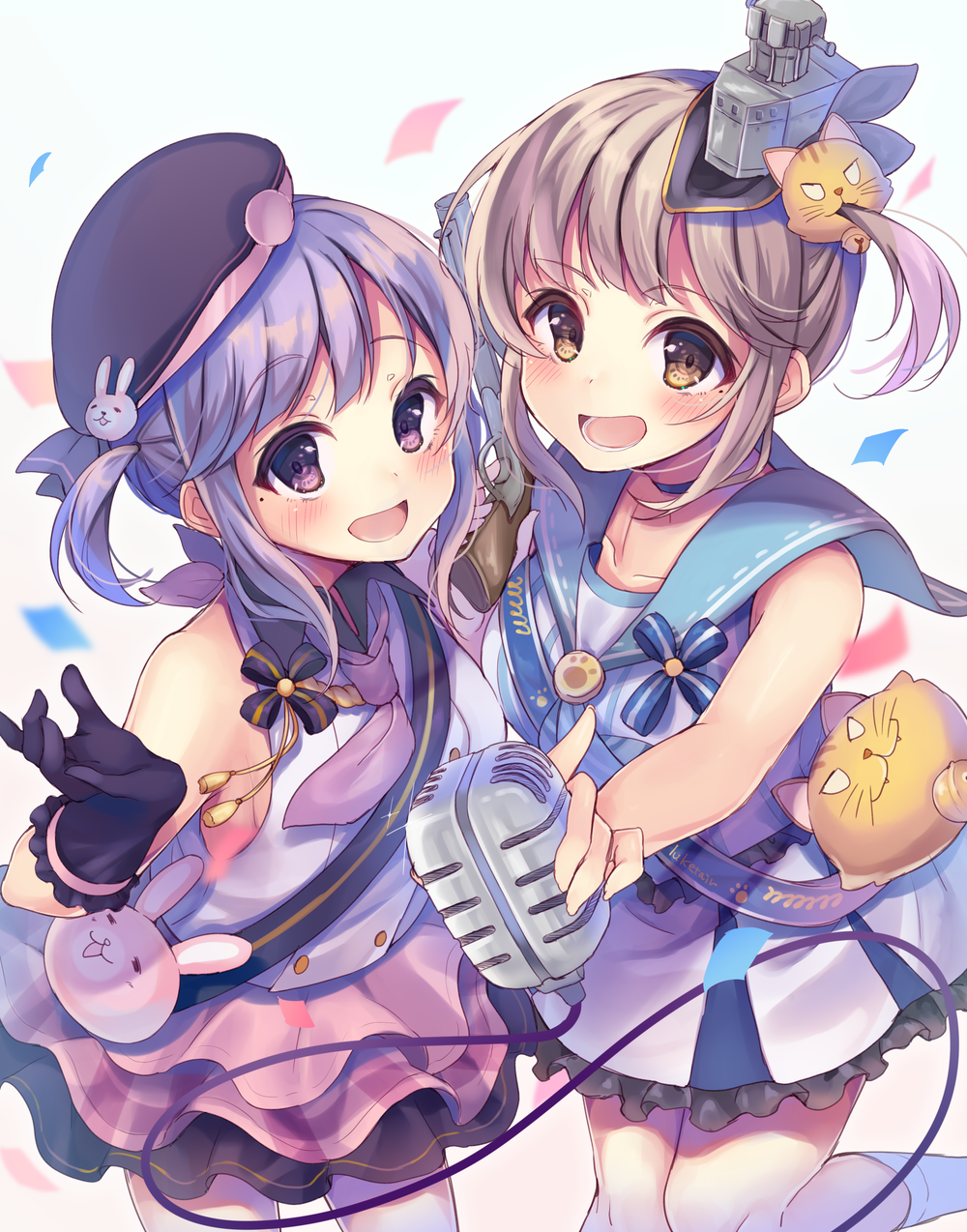 2girls, :d, antique_firearm, azur_lane, blush, brown_hair, collarbone, gun