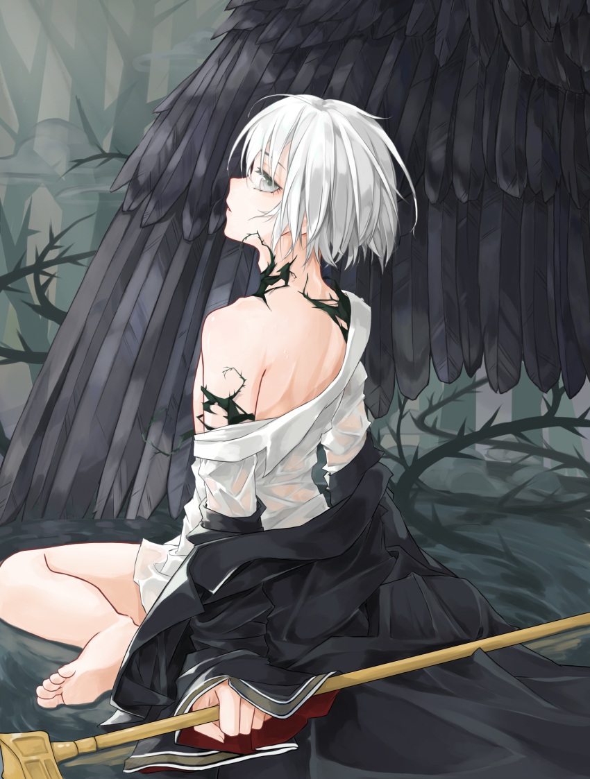 1boy, absurdres, alternate_form, bare_shoulders, barefoot, black_wings, cloak, elias_ainsworth