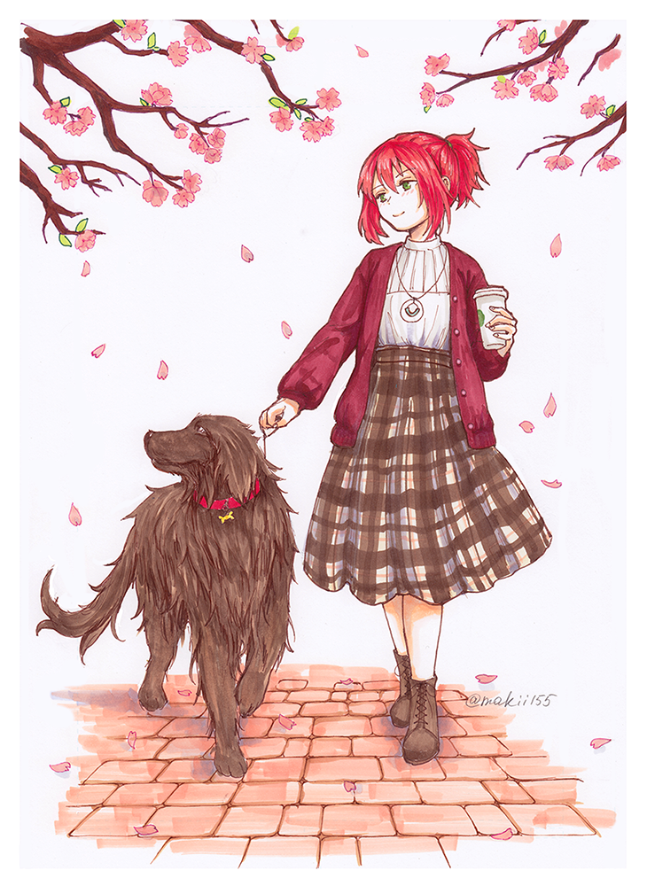 1girl, brown_footwear, cherry_blossoms, coffee, collar, green_eyes, hatori_chise, instagram_username, jacket, jewelry, mahou_tsukai_no_yome, makii155, marker_(medium), necklace, outdoors, pet_walking, plaid_clothes, plaid_skirt, red_hair, ruth_(mahou_tsukai_no_yome), skirt, smile, traditional_media