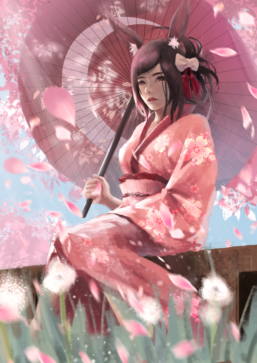 1girl, absurdres, animal_ears, black_hair, blurry, cherry_blossoms, commentary_request, dandelion