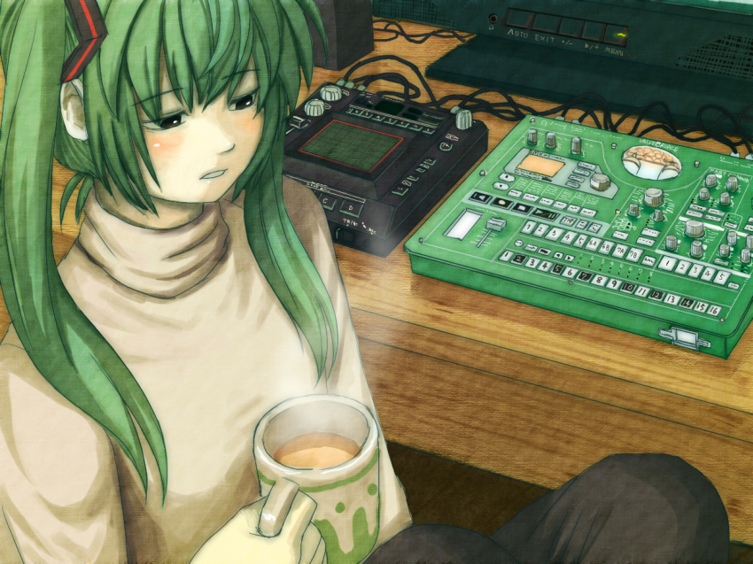 1girl, alternate_costume, aqua_hair, black_eyes, blush, cable, coffee_mug, commentary