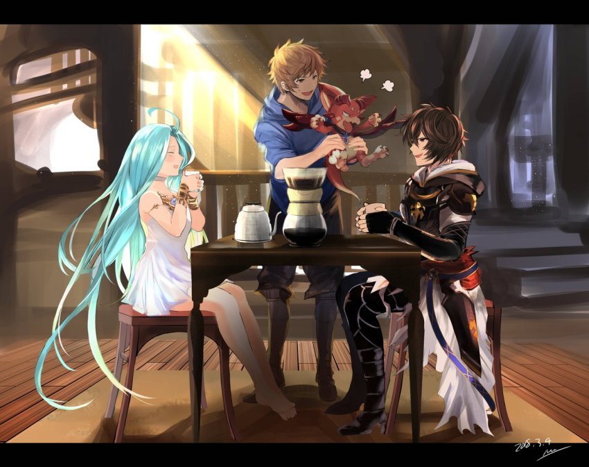 1girl, 2boys, ahoge, armor, blue_hair, brown_hair, coffee, coffee_mug