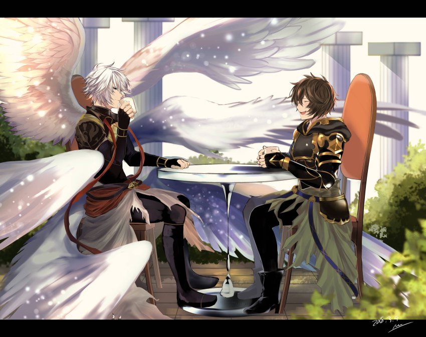 2boys, absurdres, armor, brown_hair, coffee, coffee_mug, cup, drinking