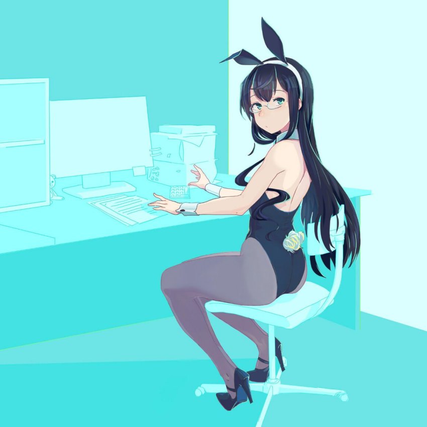 alternate_costume, animal_ears, black_leotard, chair, desk, detached_collar, fake_animal_ears, glasses