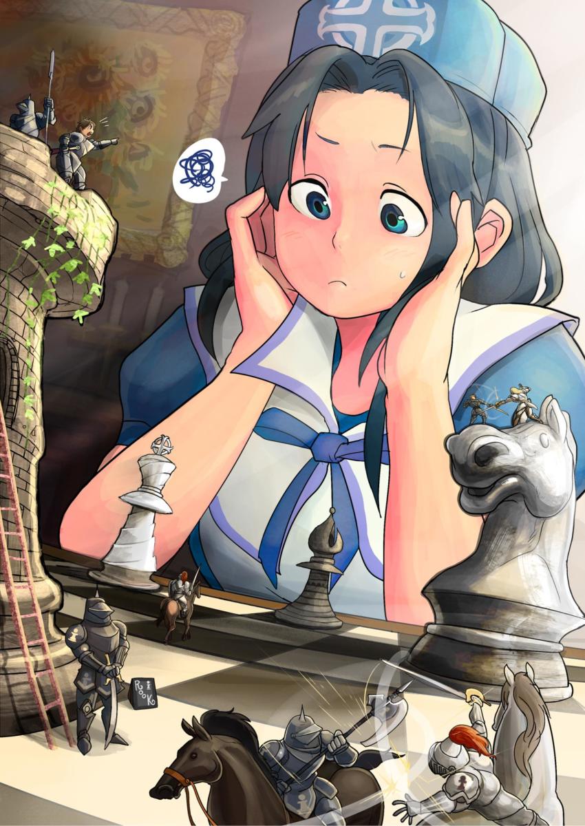 1girl, axe, battle_axe, bishop_(chess), blue_eyes, board_game, chess, chess_piece