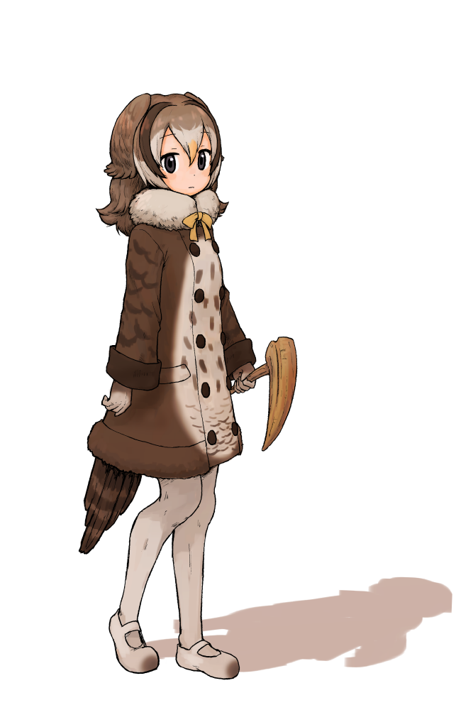 10s, 1girl, bird_tail, bird_wings, brown_hair, cane, coat, female_focus