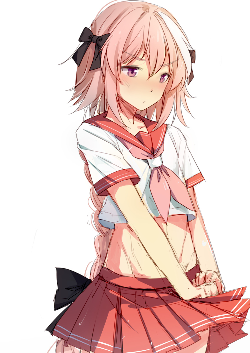 1boy, absurdres, astolfo_(fate), astolfo_(sailor_paladin)_(fate), black_bow, black_ribbon, blush, bow, braid, closed_mouth, collarbone, commentary, cowboy_shot, crop_top, fate/grand_order, fate_(series), hair_between_eyes, hair_bow, hair_ribbon, highres, long_hair, looking_away, looking_down, male_focus, medium_skirt, midriff, multicolored_hair, neckerchief, neet_cangshu, nose_blush, official_alternate_costume, pink_hair, pink_neckerchief, pleated_skirt, purple_eyes, red_sailor_collar, red_skirt, ribbon, sailor_collar, school_uniform, serafuku, short_sleeves, sidelocks, simple_background, single_braid, sketch, skirt, skirt_tug, solo, standing, stomach, streaked_hair, trap, v-shaped_eyebrows, very_long_hair, white_background, white_hair, wind, wind_lift