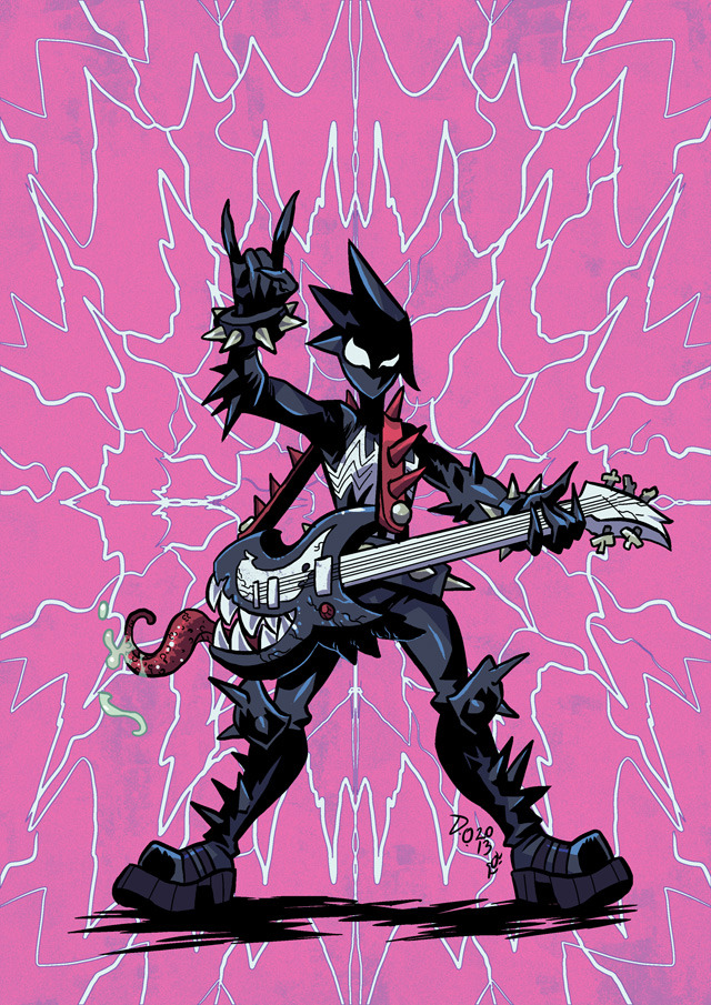 1girl, boots, female_focus, guitar, instrument, klyntar, mania_(marvel), marvel, solo, spiked_hair, spikes, symbiote, weremole