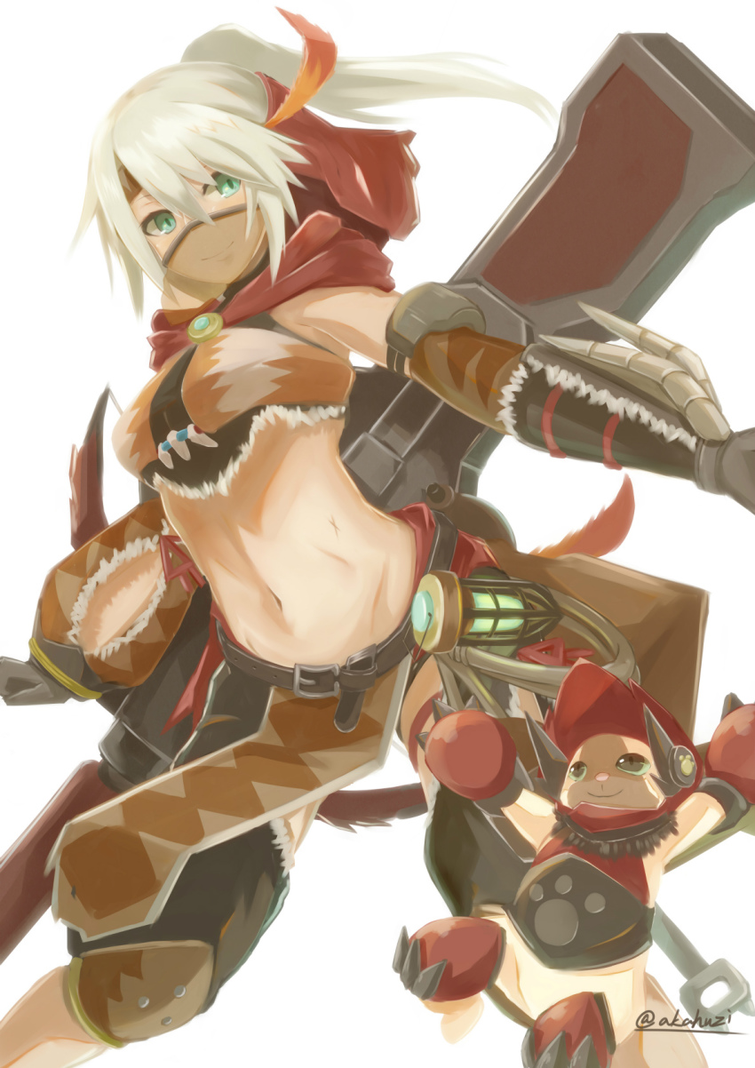 1girl, akahuzi, artist_name, belt, breasts, capcom, closed_mouth, felyne, green_eyes, highres, kulu-ya-ku_(armor), large_breasts, looking_at_another, looking_at_viewer, monster_hunter:_world, monster_hunter_(series), navel, ponytail, short_hair, short_ponytail, signature, smile, twitter_username, white_hair