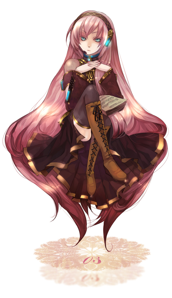 1girl, aqua_eyes, blue_eyes, boots, detached_sleeves, female_focus, floating, headphones, headset, knee_boots, kyouka_hatori, kyoukahatori, long_hair, megurine_luka, musical_note, pink_hair, sheet_music, solo, thighhighs, very_long_hair, vocaloid