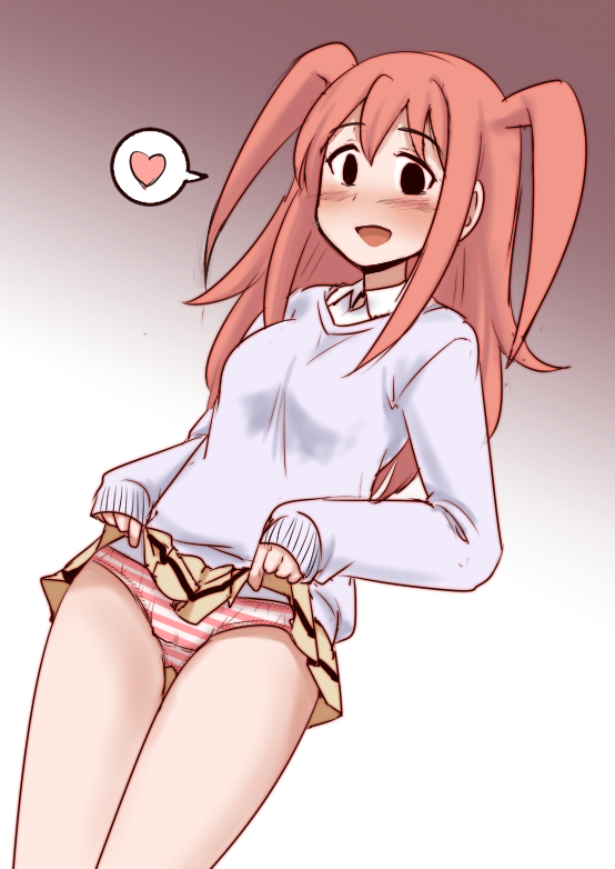 1girl, clothes_lift, commentary_request, dokuna, empty_eyes, female_focus, gradient_background, heart