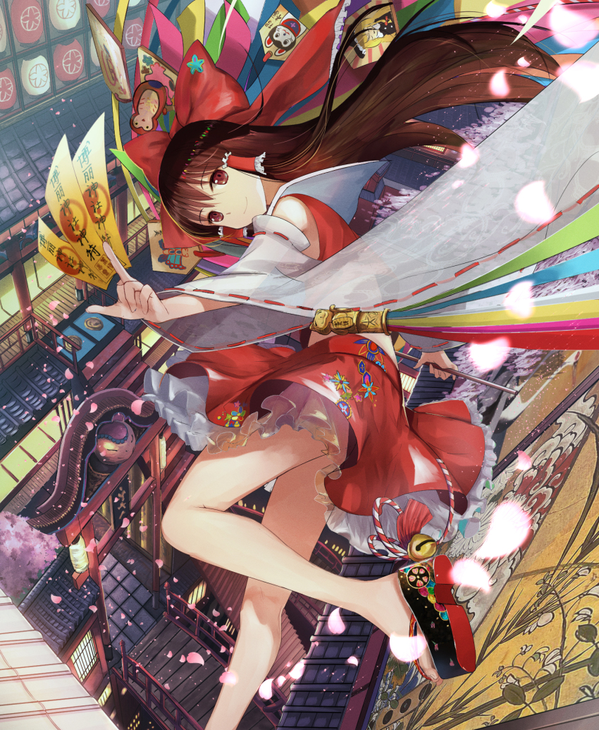 1girl, architecture, bad_id, bad_pixiv_id, bell, bow, bridge, brown_eyes