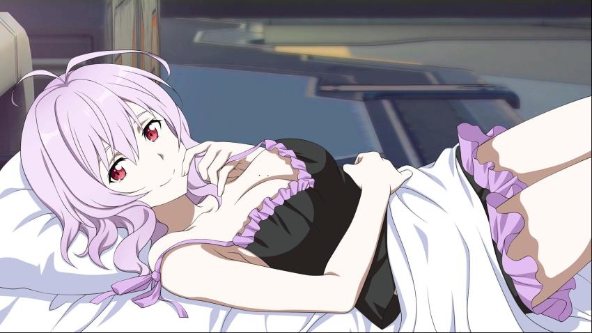 1girl, antenna_hair, bed, bed_sheet, bedroom, black_dress, breasts, cleavage