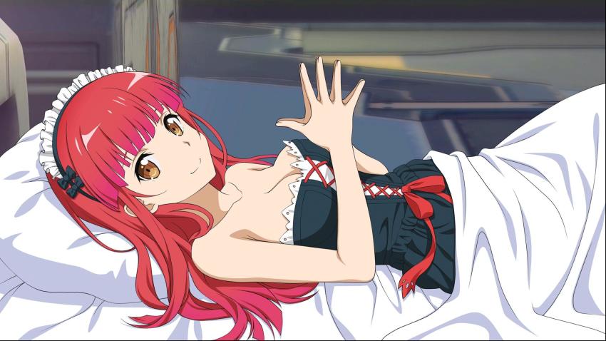 1girl, bed, bed_sheet, bedroom, black_dress, breasts, brown_eyes, cleavage