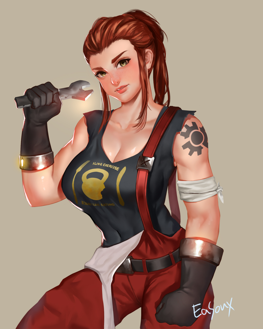 1girl, arm_tattoo, belt, belt_buckle, breasts, brigitte_(overwatch), brown_hair, buckle, cleavage, collarbone, easonx, english_text, facing_viewer, gloves, green_eyes, high_ponytail, highres, holding, holding_wrench, large_breasts, long_hair, looking_at_viewer, muscular, navel, overalls, overwatch, overwatch_1, parted_lips, ponytail, print_shirt, red_hair, shirt, shoulder_tattoo, sleeveless, standing, tank_top, tattoo, tool, tools, wrench