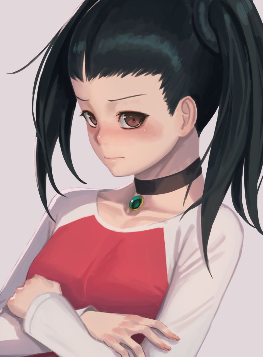 1girl, black_choker, blush, casual, choker, closed_mouth, collarbone, crossed_arms