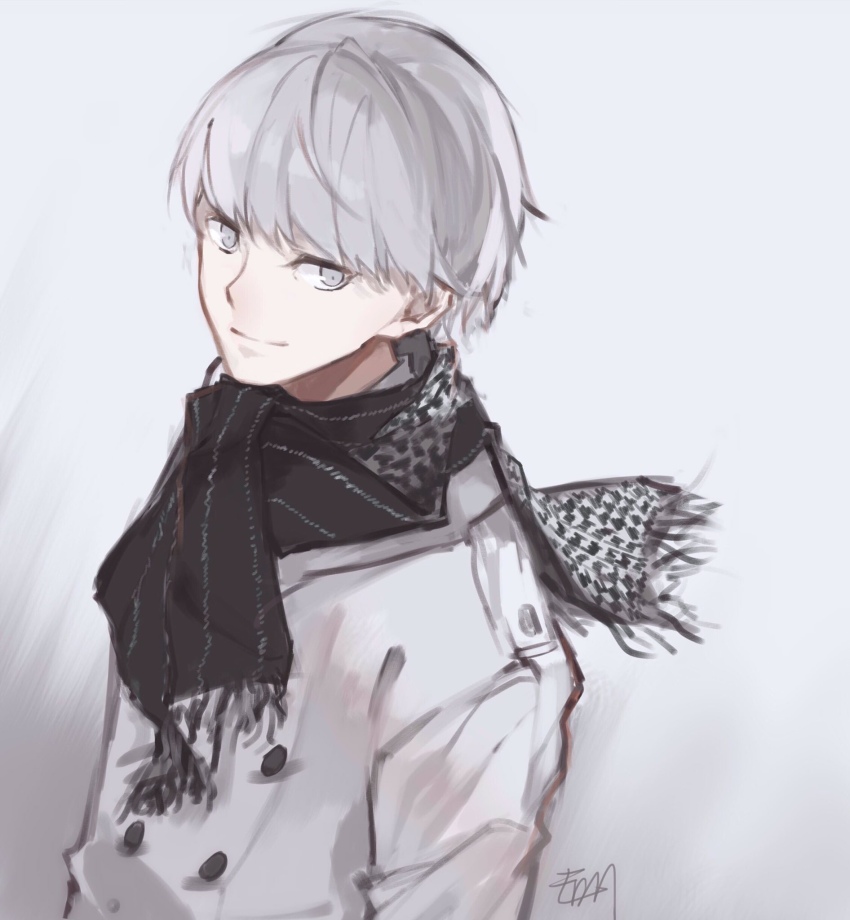 1boy, erm_(doubledream), grey_eyes, grey_hair, highres, looking_at_viewer, male_focus, narukami_yu, persona, persona_4, scarf, short_hair, smile, solo, winter_clothes