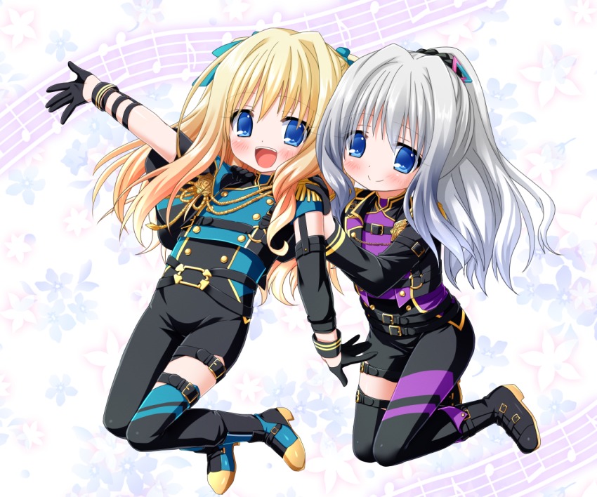 2boys, arisugawa_mimi, arisugawa_rara, blonde_hair, blush, brothers, full_body, hair_ribbon