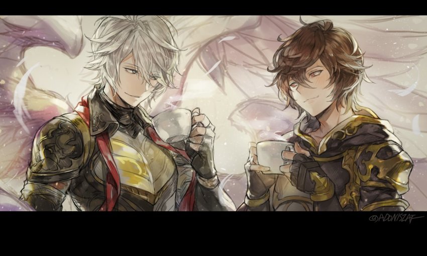 2boys, adoniszaf, armor, blue_eyes, blush, brown_eyes, brown_hair, coffee