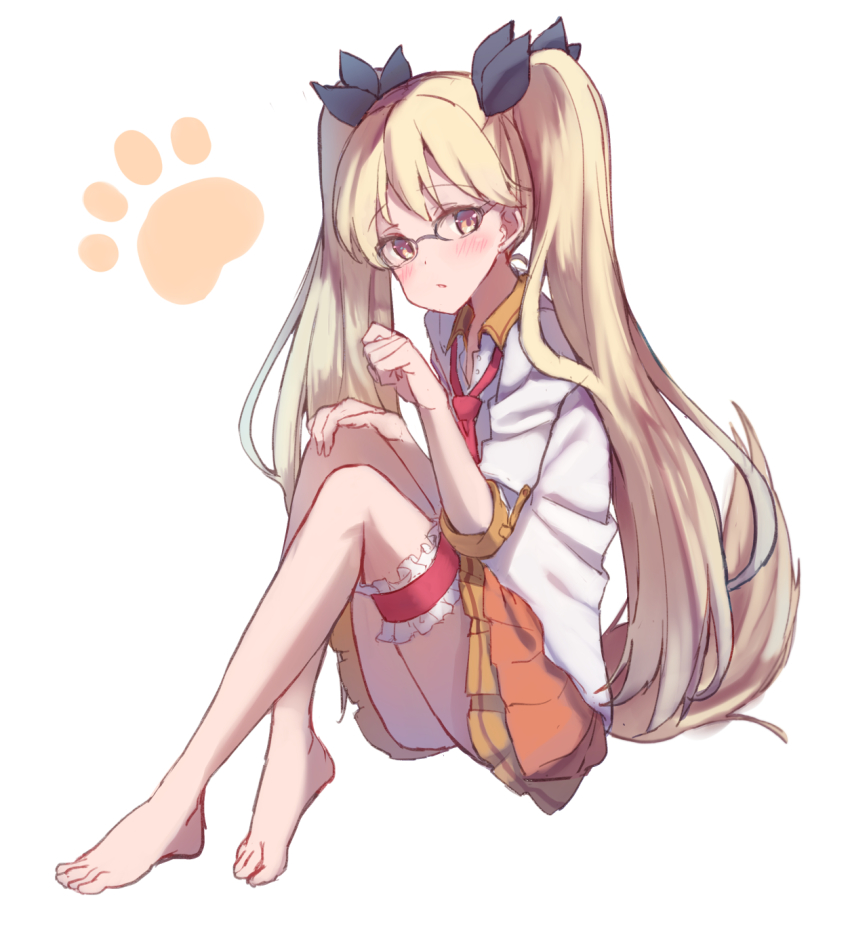 1girl, bare_legs, barefoot, black_ribbon, blonde_hair, blush, brown_eyes, collared_shirt