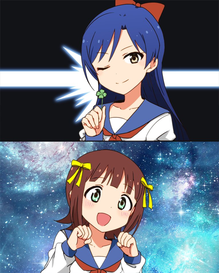 2girls, ;), amami_haruka, blue_hair, bow, brown_eyes, brown_hair, clover