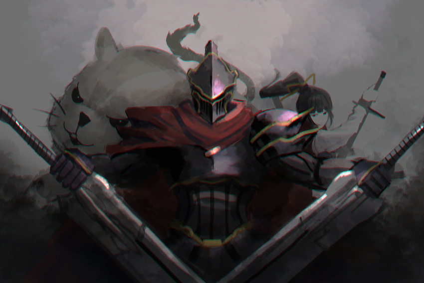 absurdres, ainz_ooal_gown, armor, black_armor, cape, hamsuke, highres, holding