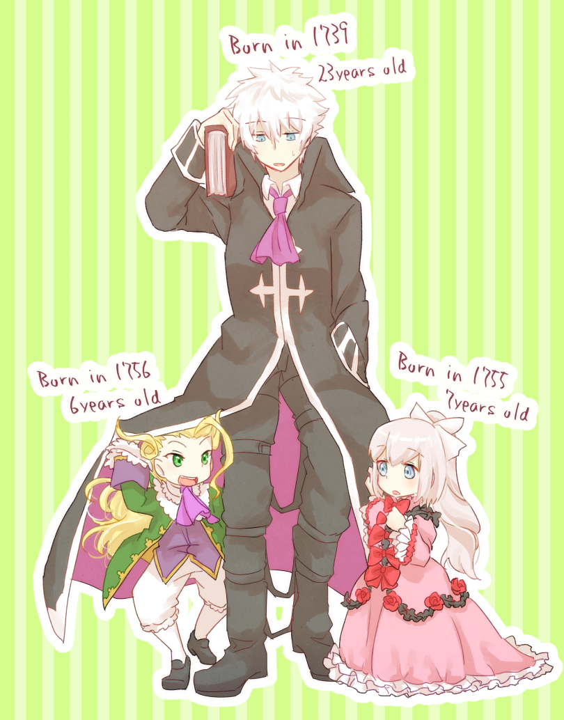 1girl, 2boys, age_difference, aged_down, ascot, blonde_hair, book, charles-henri_sanson_(fate)