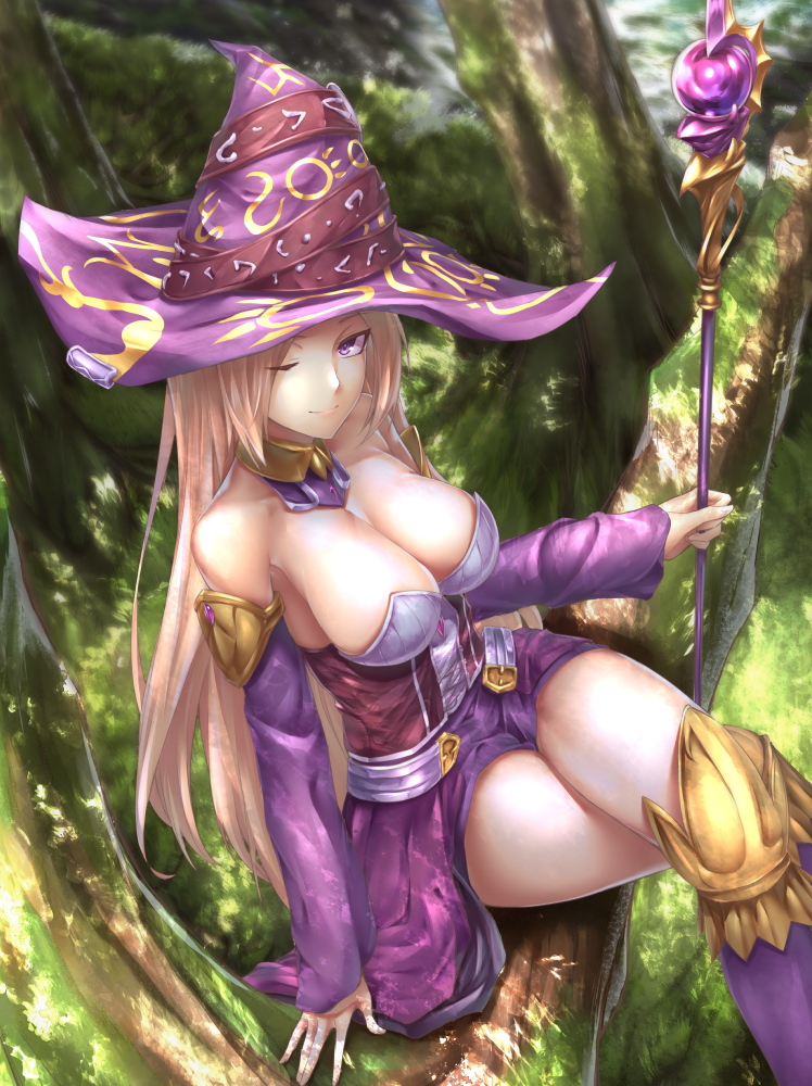1girl, bare_shoulders, blonde_hair, breasts, cleavage, closed_eyes, cryptract, female_focus