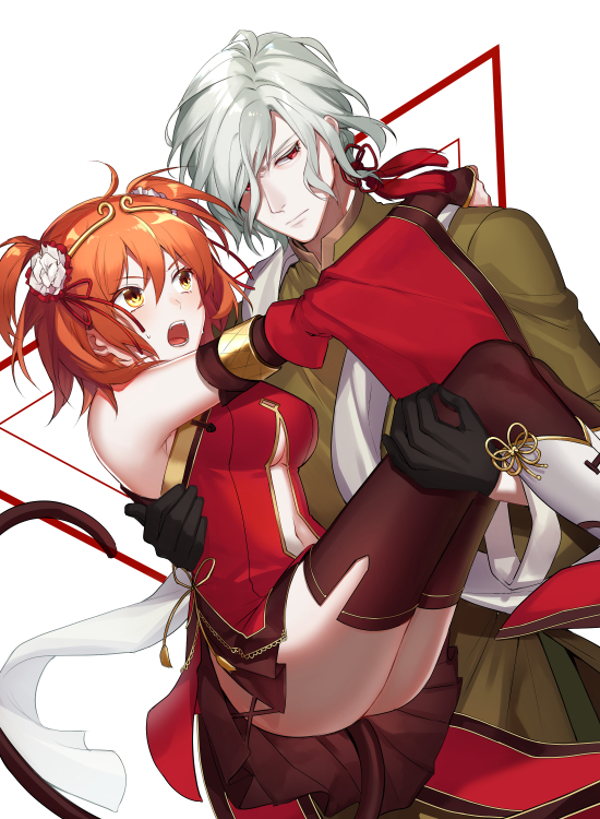 1boy, 1girl, ahoge, alternate_costume, alternate_hairstyle, armlet, armpits, bare_shoulders