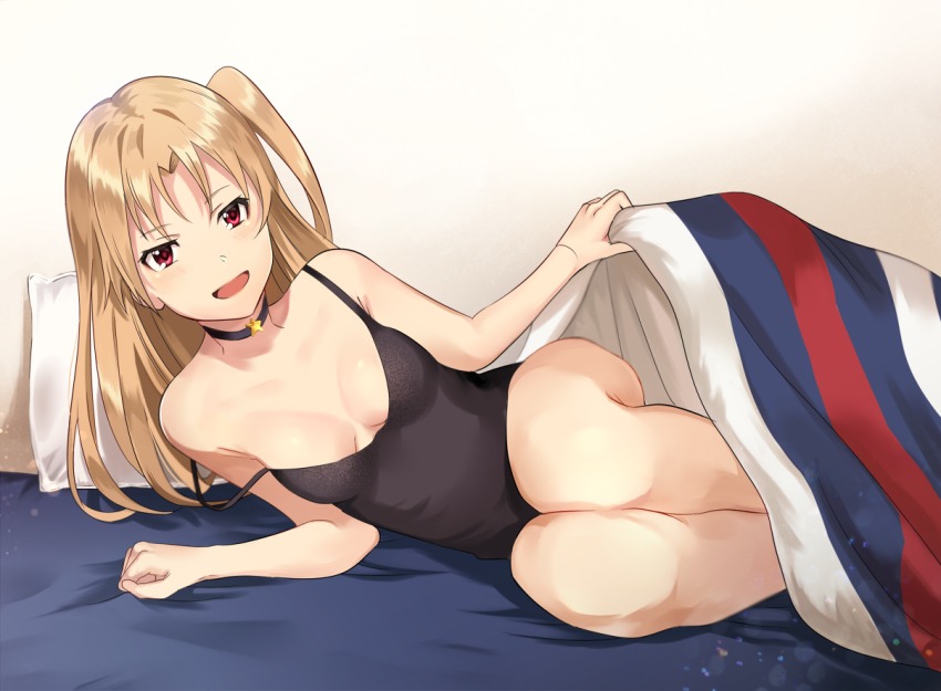 1girl, :d, alternate_costume, arm_support, azur_lane, bad_id, bad_pixiv_id, bare_arms, bare_legs, bare_shoulders, bed, bed_sheet, black_choker, blanket, blonde_hair, breasts, camisole, choker, cleavage, cleveland_(azur_lane), female_focus, indoors, legs_together, long_hair, looking_at_viewer, lying, medium_breasts, on_bed, on_side, one_side_up, open_mouth, pillow, red_eyes, sleeveless, smile, solo, star_(symbol), strap_slip, takeume, under_covers, underwear, underwear_only, wall