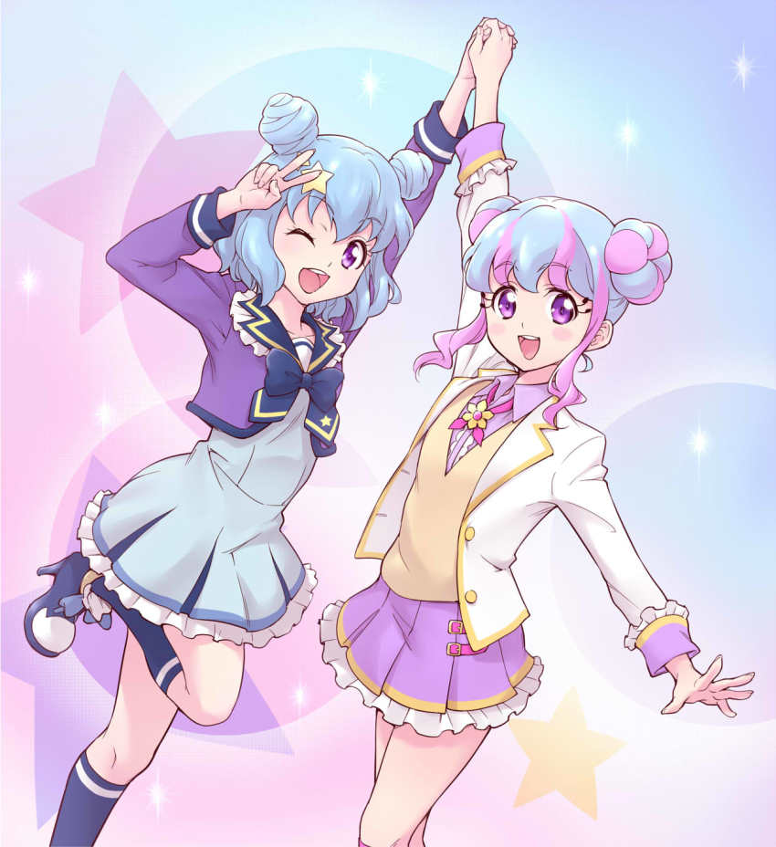 10s, 2girls, :d, ;d, aikatsu!, aikatsu!_(series), aikatsu_stars!, blush_stickers