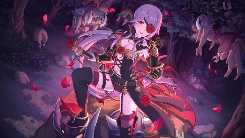 1girl, bound, breasts, cleavage, crazy_smile, cygames, eyepatch, falling_petals