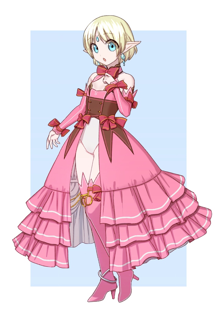 1girl, blonde_hair, blue_eyes, cosplay, earrings, elf, female_focus, flat_chest