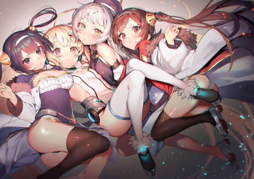 4girls, ahoge, ankle_boots, ass, azur_lane, bare_shoulders, black_footwear, black_hat