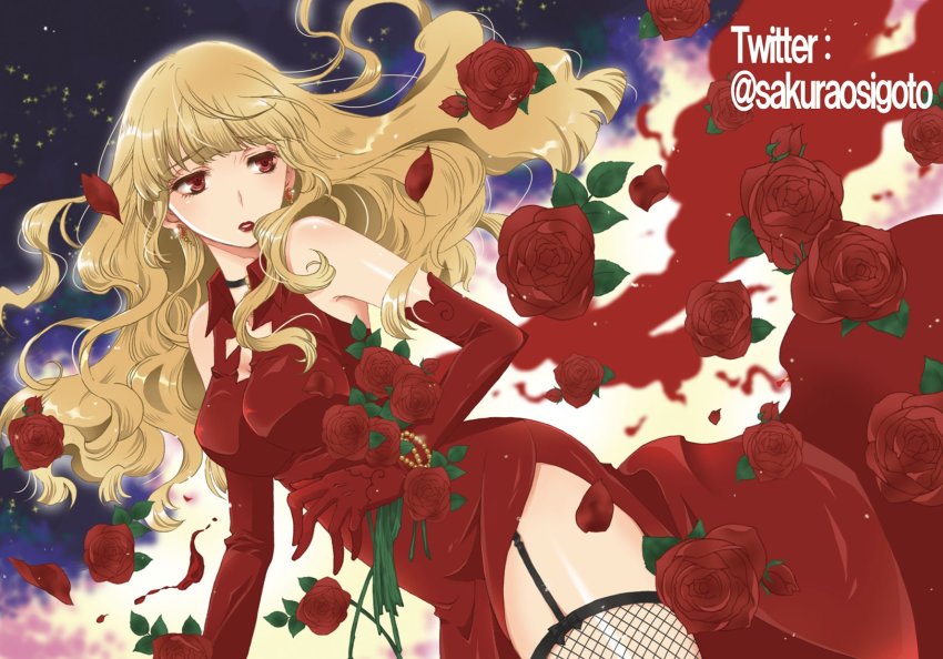 1girl, bad_id, bad_twitter_id, bare_shoulders, blonde_hair, bracelet, breasts, choker