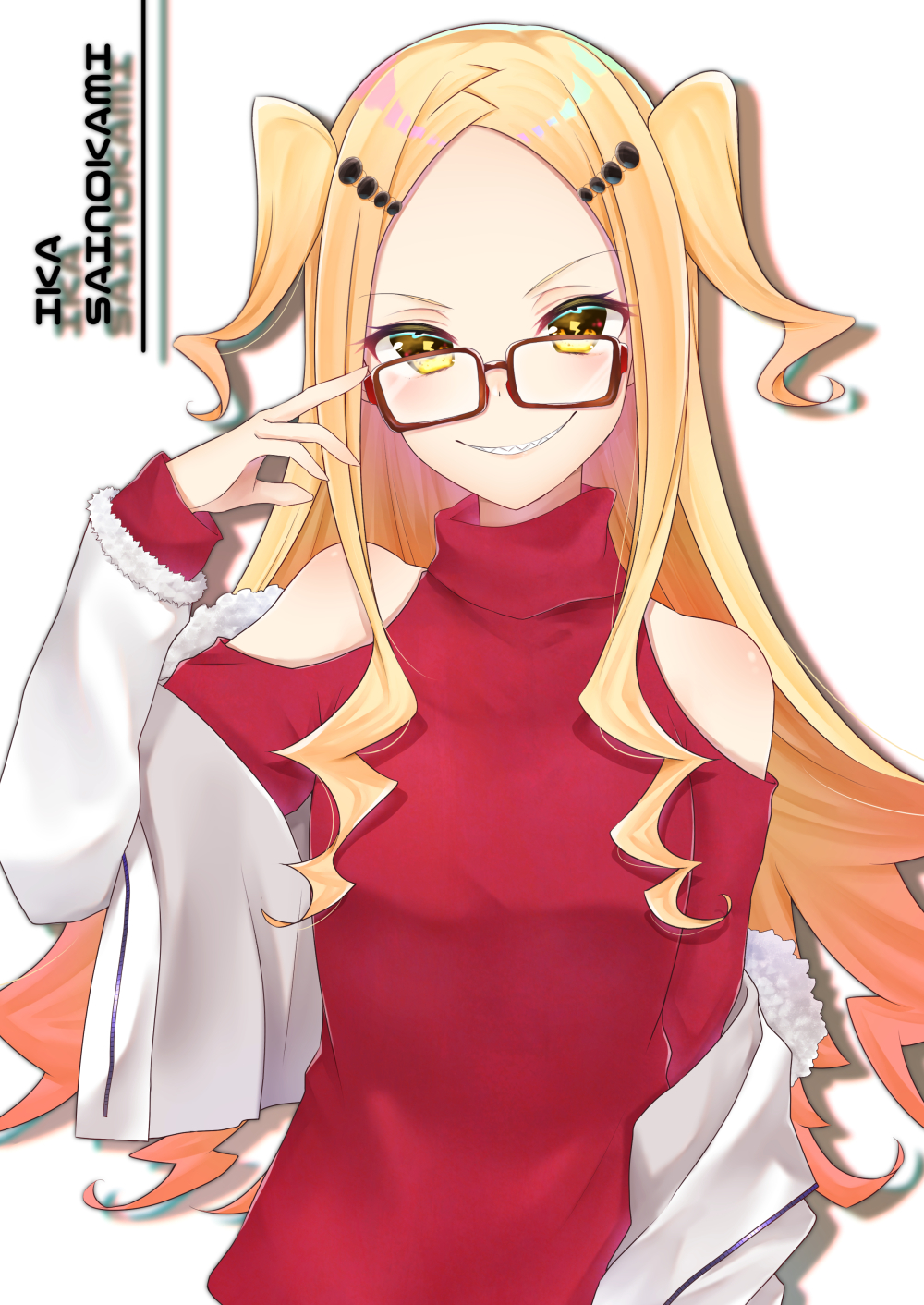 10s, 1girl, blonde_hair, brown-framed_eyewear, character_name, clothing_cutout, commentary_request, female_focus