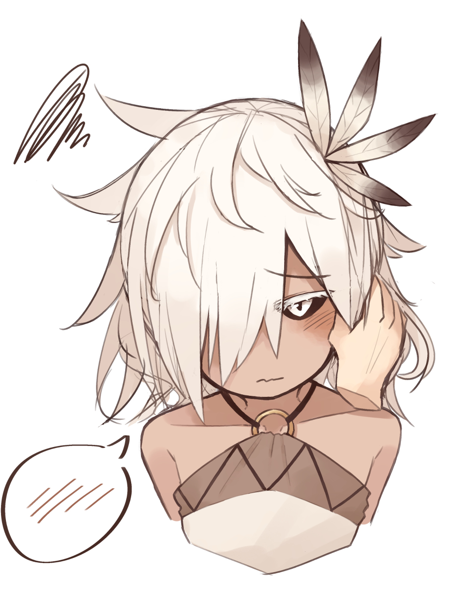 1girl, black_sclera, colored_sclera, female_focus, hair_feather, hair_over_one_eye, highres, kaginoni