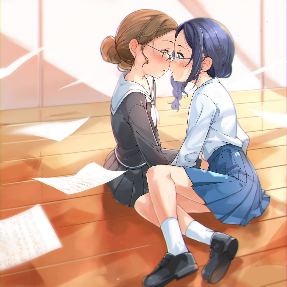 2girls, blue_eyes, blue_hair, blush, brown_eyes, brown_hair, collarbone, garun_wattanawessako