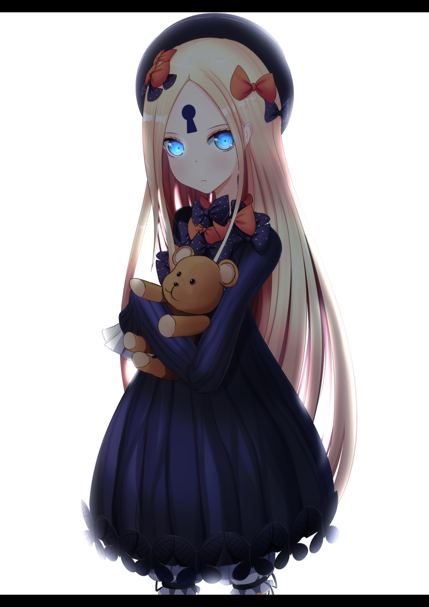 1girl, abigail_williams_(fate), black_bow, black_dress, black_hat, blonde_hair, bloomers, blue_eyes, bow, bug, butterfly, closed_mouth, cowboy_shot, dress, fate/grand_order, fate_(series), female_focus, forehead, glowing, glowing_eyes, hair_bow, hat, highres, hugging_object, insect, karana_(wisteria0413), letterboxed, long_hair, long_sleeves, looking_at_viewer, orange_bow, parted_bangs, polka_dot, polka_dot_bow, simple_background, sleeves_past_fingers, sleeves_past_wrists, solo, stuffed_animal, stuffed_toy, teddy_bear, underwear, very_long_hair, white_background, white_bloomers