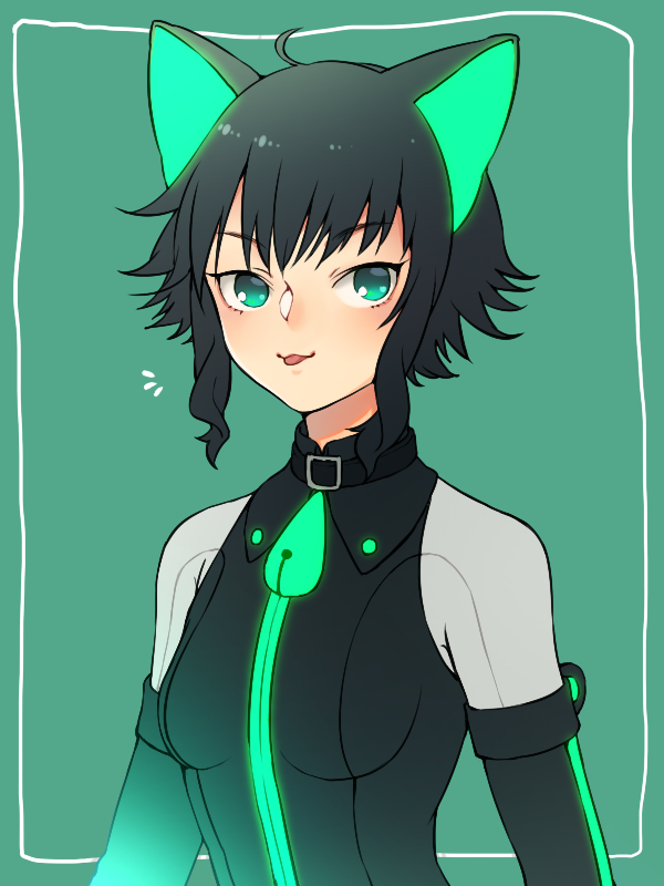 1girl, :p, ahoge, animal_ears, black_hair, cat_ears, cat_tail, collar