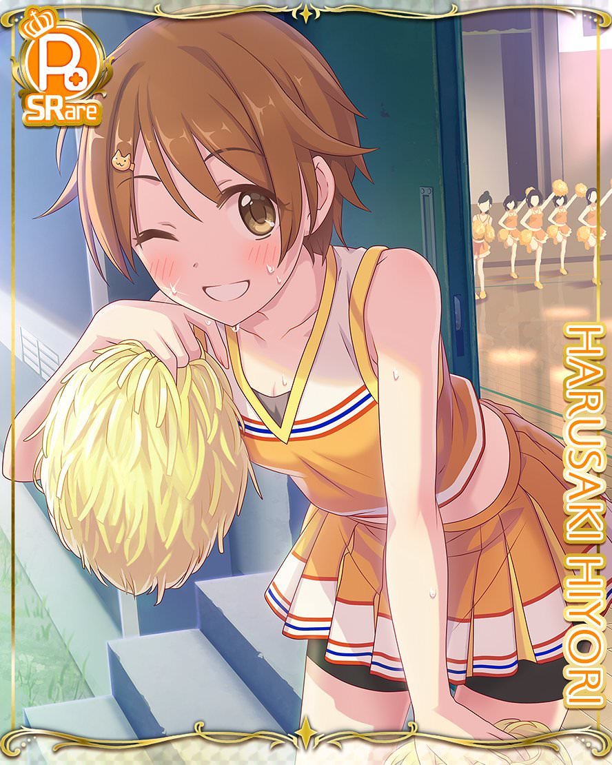 1girl, blouse, book, brown_eyes, brown_hair, card_(medium), cheerleader, cygames, extra, hair_ornament, hairclip, hiyori_(princess_connect!), hiyori_(real)_(princess_connect!), official_art, one_eye_closed, orange_shirt, people, pom_pom_(cheerleading), princess_connect!, shirt, shorts, shorts_under_skirt, skirt, sleeveless, sleeveless_shirt, sweat