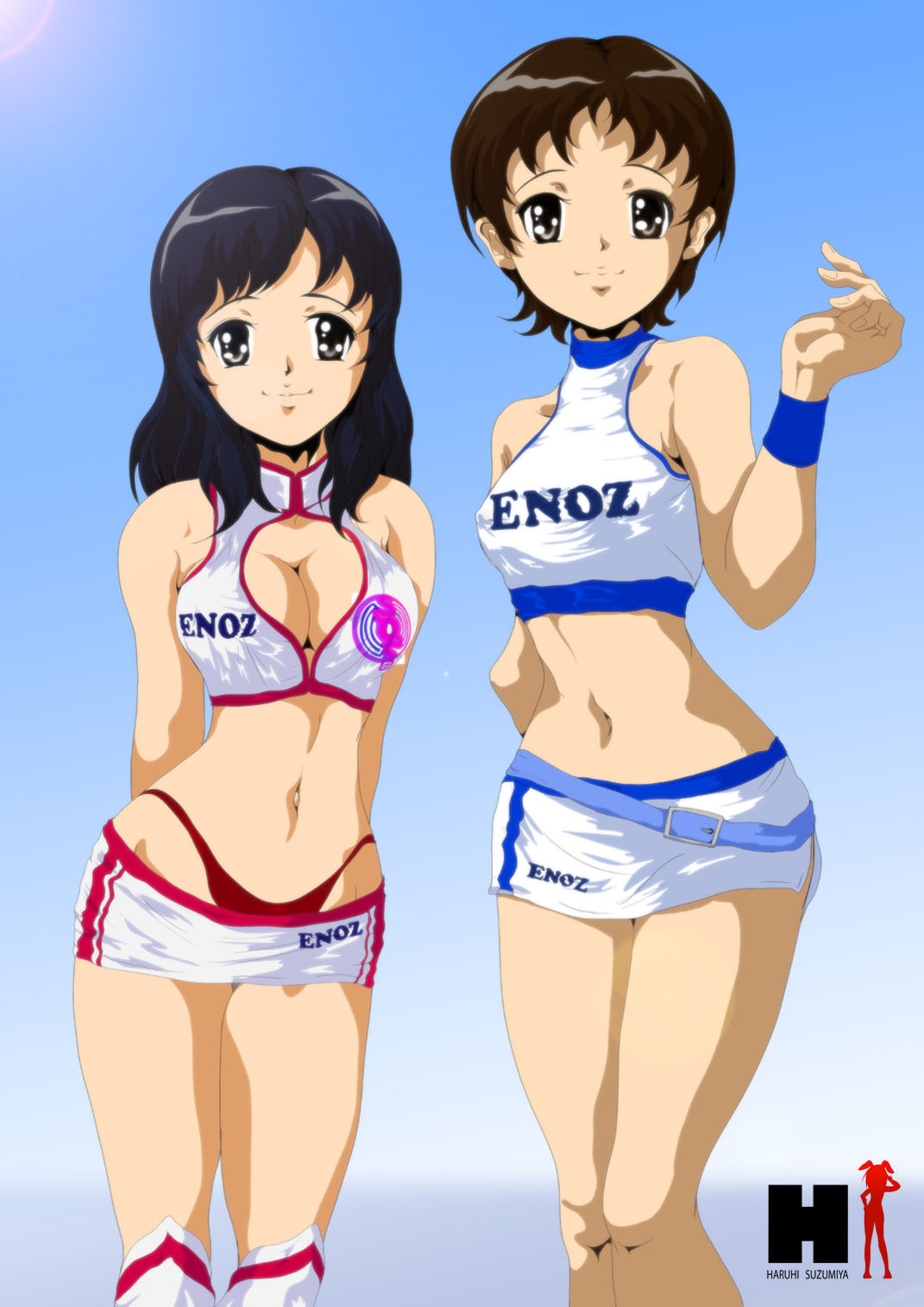 00s, black_hair, brown_eyes, brown_hair, cleavage_cutout, clothing_cutout, enomoto_miyuki, enoz, halterneck, highres, long_hair, midriff, nanashi_noiji, non-web_source, race_queen, short_hair, suzumiya_haruhi_no_yuuutsu, zaizen_mai