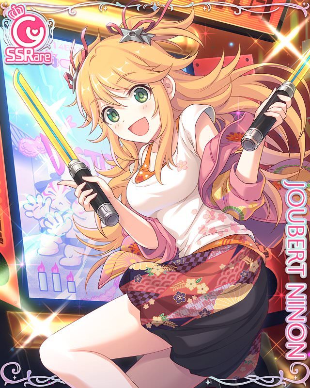 1girl, arcade_cabinet, blonde_hair, card_(medium), character_name, cygames, dual_wielding, female_focus, from_side, green_eyes, hair_ribbon, holding, ninon_(princess_connect!), ninon_(real)_(princess_connect!), official_art, playing_games, playing_video_games, princess_connect!, ribbon, seigaiha, shuriken_hair_ornament, solo, toy_sword