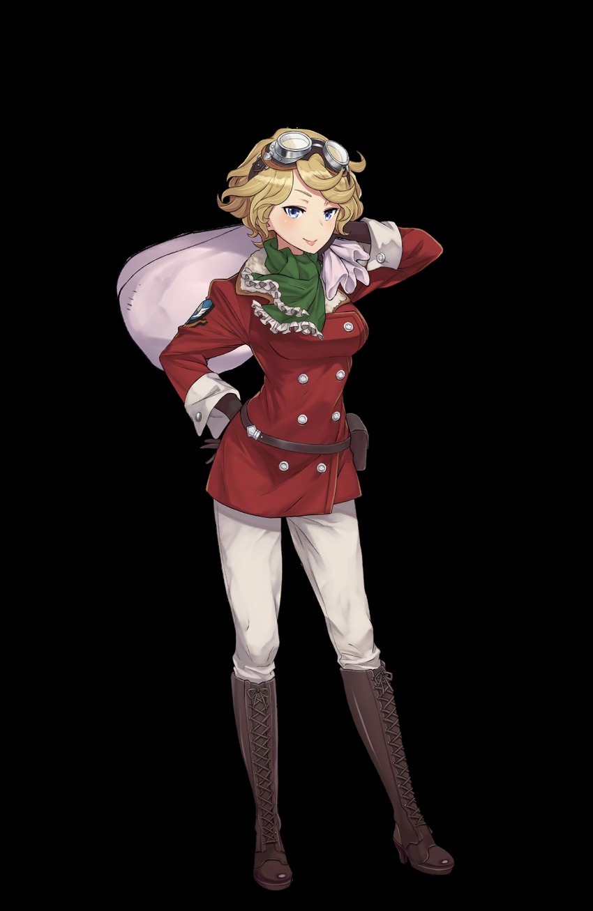 1girl, artist_request, black_gloves, blonde_hair, blue_eyes, boots, breasts, brown_boots