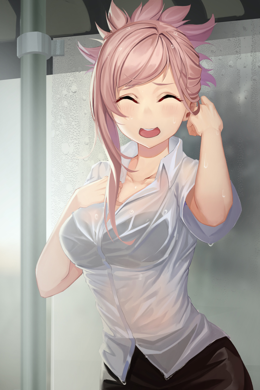 1girl, :d, ^_^, black_bra, black_skirt, bra, bra_visible_through_clothes, closed_eyes