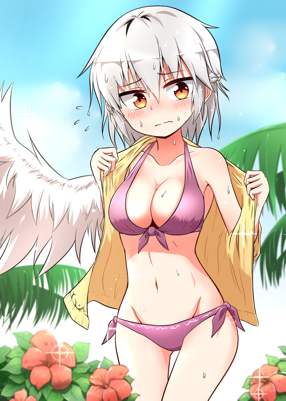 1girl, bikini, blue_sky, blush, branch, closed_mouth, commentary, day