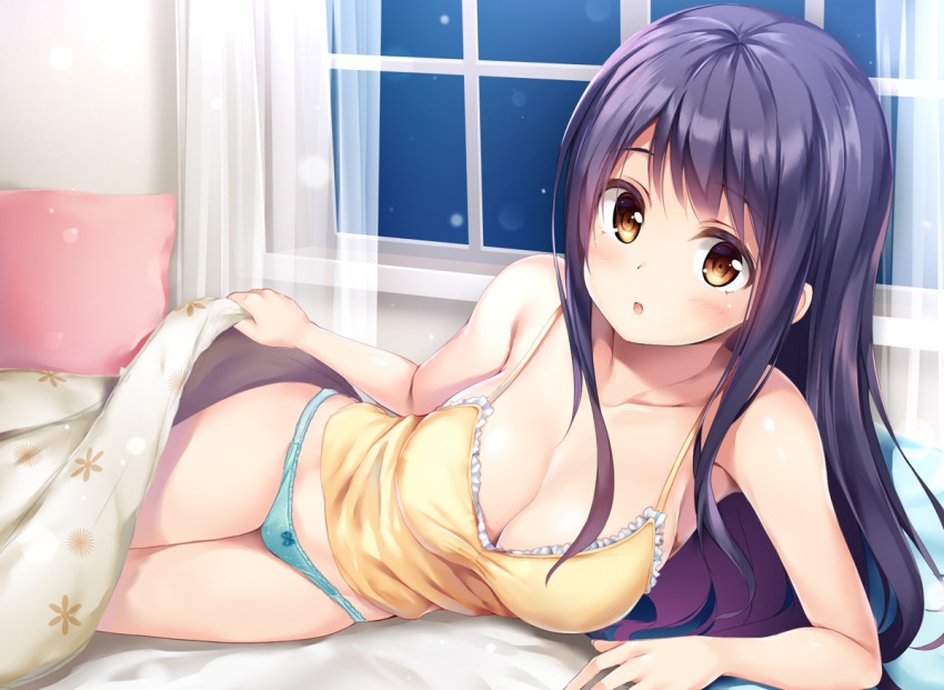 1girl, aqua_panties, arm_support, bad_id, bad_twitter_id, bed, bed_sheet, blanket