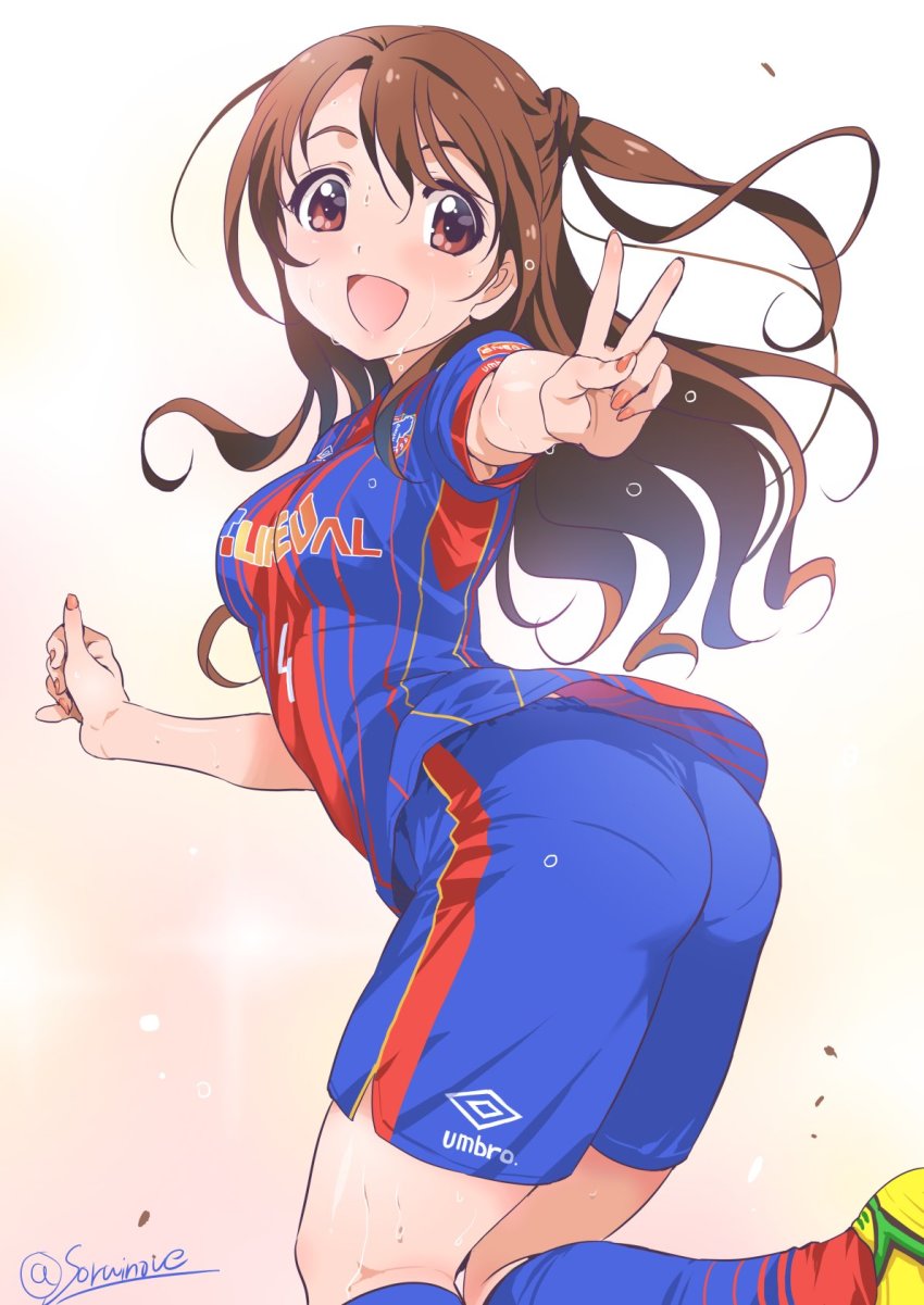 1girl, armpit_peek, artist_name, ass, brown_eyes, brown_hair, fc_tokyo, female_focus, fingernails, floating_hair, from_behind, highres, idolmaster, idolmaster_cinderella_girls, inoue_sora, j._league, long_hair, looking_at_viewer, looking_back, one_side_up, open_mouth, pantylines, shimamura_uzuki, simple_background, smile, soccer_uniform, solo, sportswear, sweat, twitter_username, v, white_background