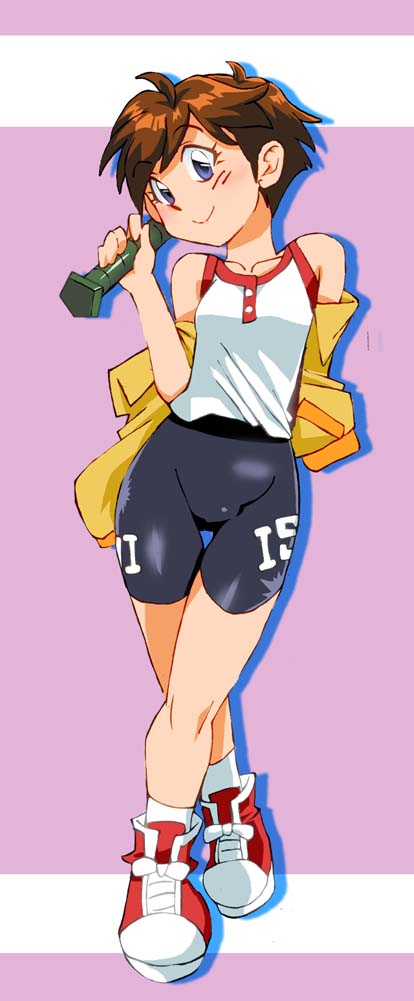 1girl, bike_shorts, black_shorts, blue_eyes, blush, brown_hair, collarbone, commentary_request